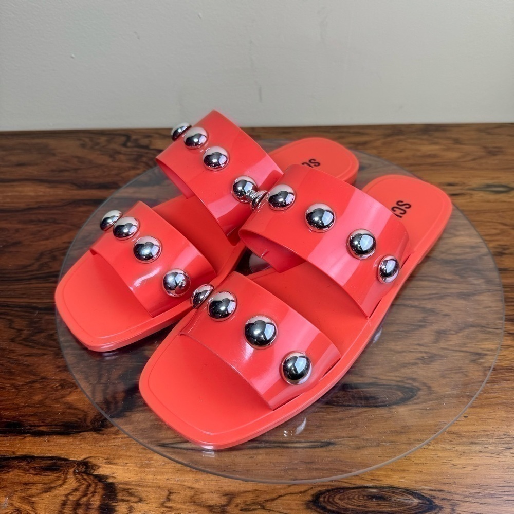 SCHUTZ Neon Coral Studded Double-Strap Slide Sandals